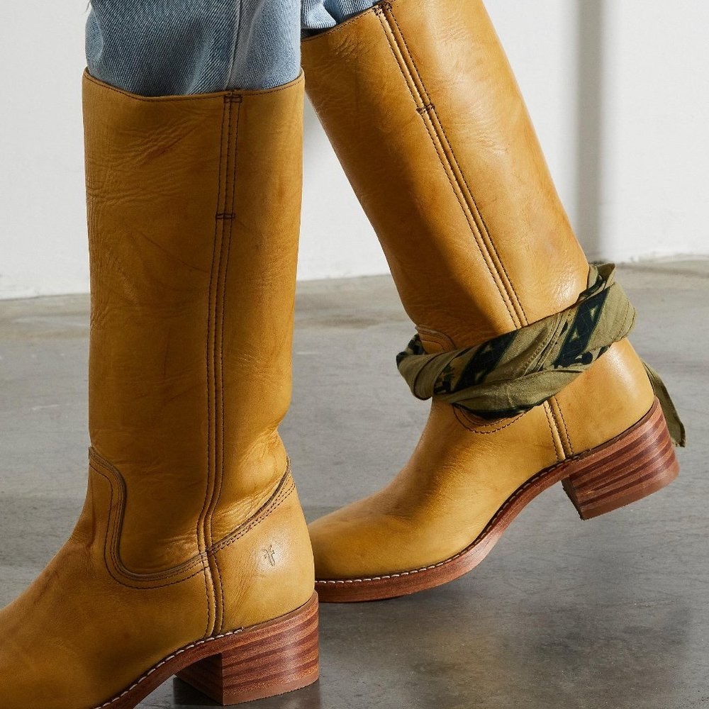 Frye Campus 14L Banana Yellow Leather Vintage Distressed Knee High Pull On Boots - Picture 2 of 16